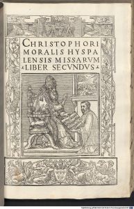 Title page of Morales's Missarum Liber Secundus, depicting Morales presenting the book to Pope Paul the third.