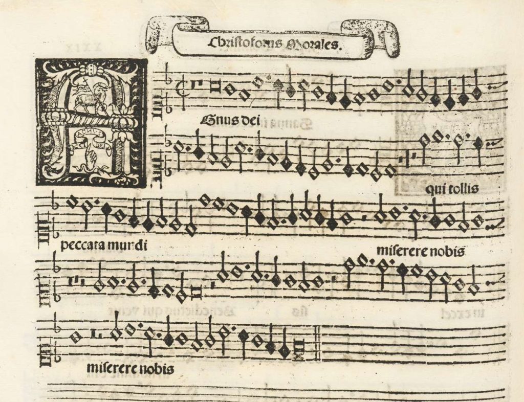 The first initial of the Agnus Dei from Morales’s Missa Aspice Domine, from the original Dorico 1544 edition
