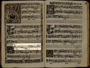 Opening of the Missa Mille regretz, folios, with melody in the tenor part highlighted.
