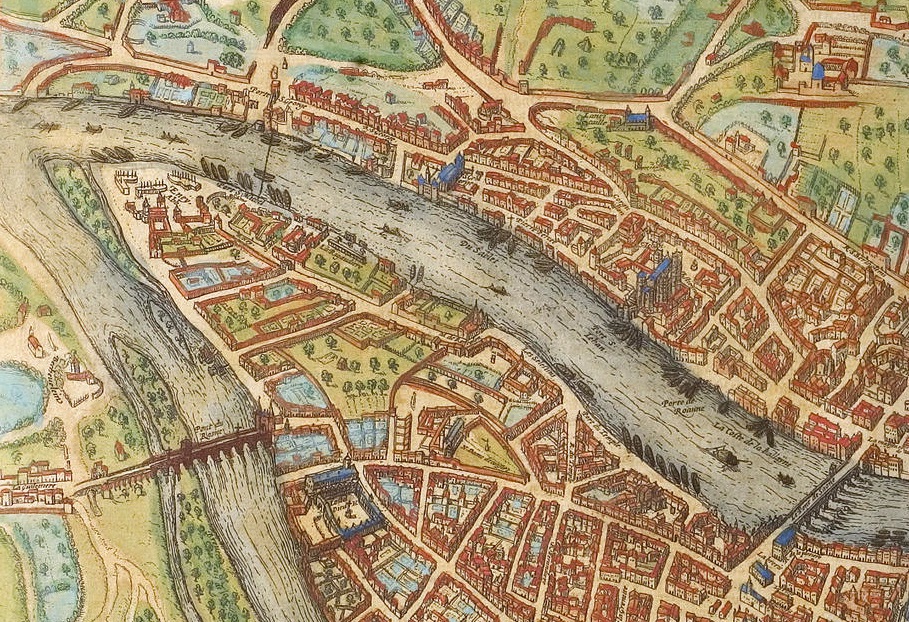 A map of Lyon, depicting the Mercière river running between two bridges, and the church of Our Lady of Comfort