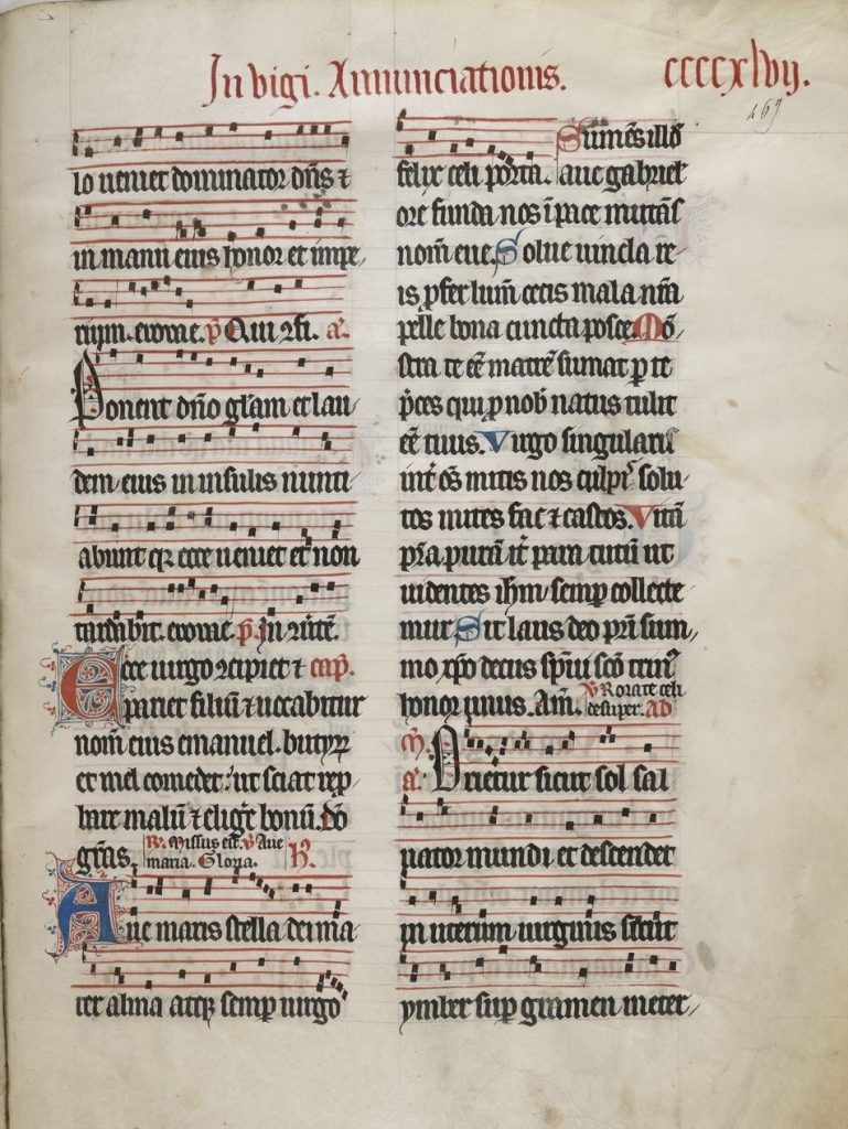 A manuscript copy of the hymn, Ave maris stella, in the so-called “Breviary of Paris”. It is printed in black, red, and blue ink.