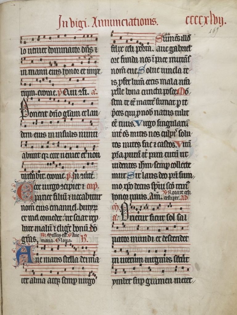 A manuscript copy of the hymn, Ave maris stella, in the so-called “Breviary of Paris”. It is printed in black, red, and blue ink.