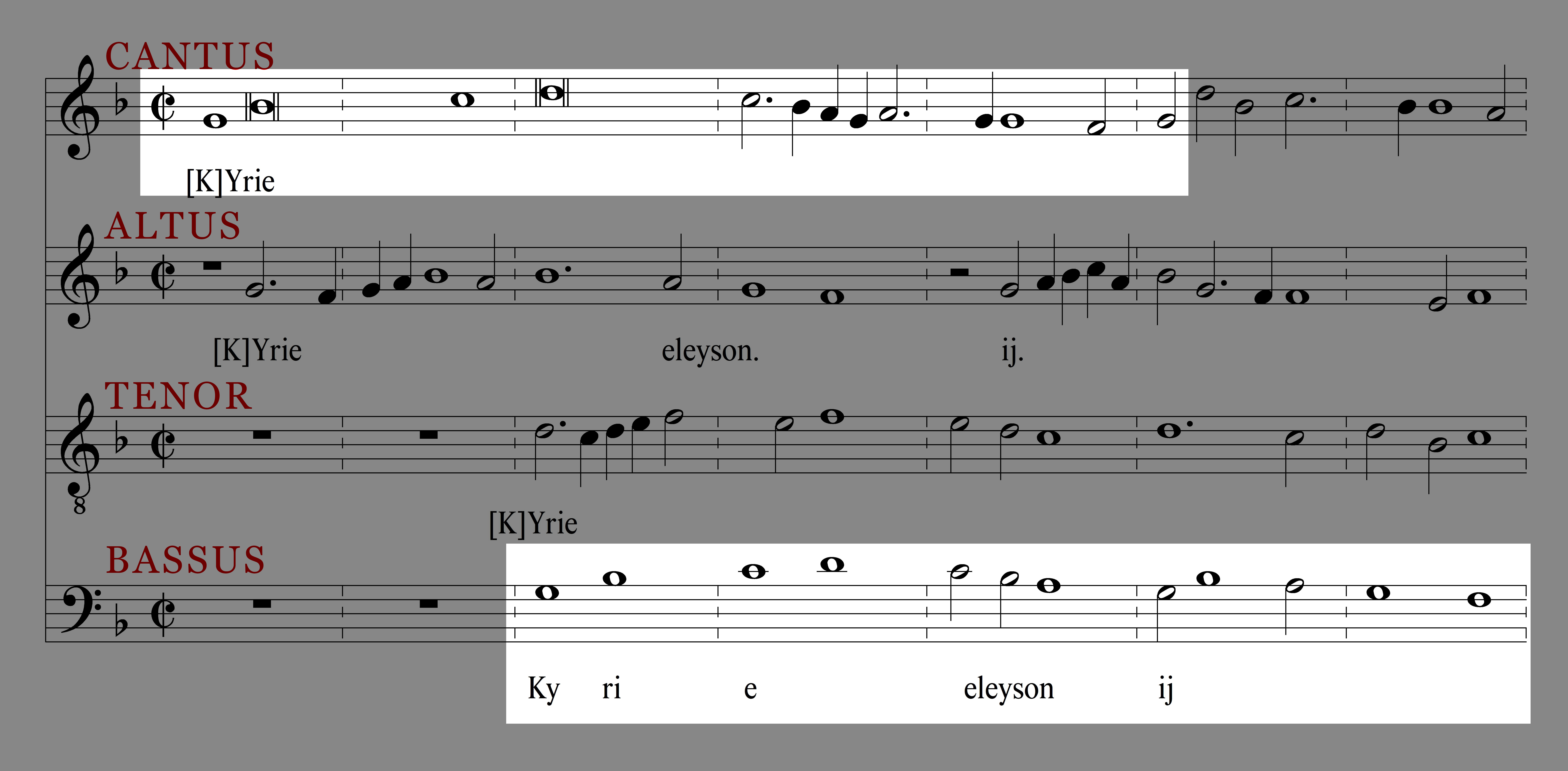 The plainsong melody highlighted in modern notation, with the voices labeled cantus, altus, tenor and bassus. The melody is highlighted in the cantus and bassus voices.
