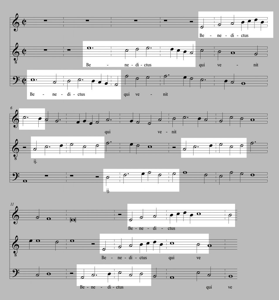 The opening of Benedictus, in modern notation, with each of the voices highlighted.