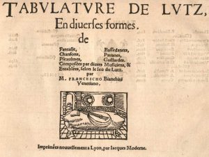 The title page of Francesco Bianchini's Tabulature de lutz, featuring a woodcut of a lute on a table, printed by Moderne.