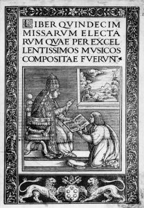 Title Page of Liber Quindecim Missarum depicting Antico presenting his book to Pope Leo the tenth.